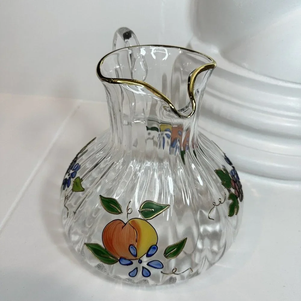 Crystal Clear Pitcher 8‎ Inch Ribbed Venetian Fruit 22K Gold Trim Romania 96 oz